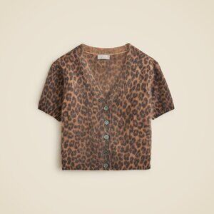 Brushed cashmere short sleeve cardigan in leopard